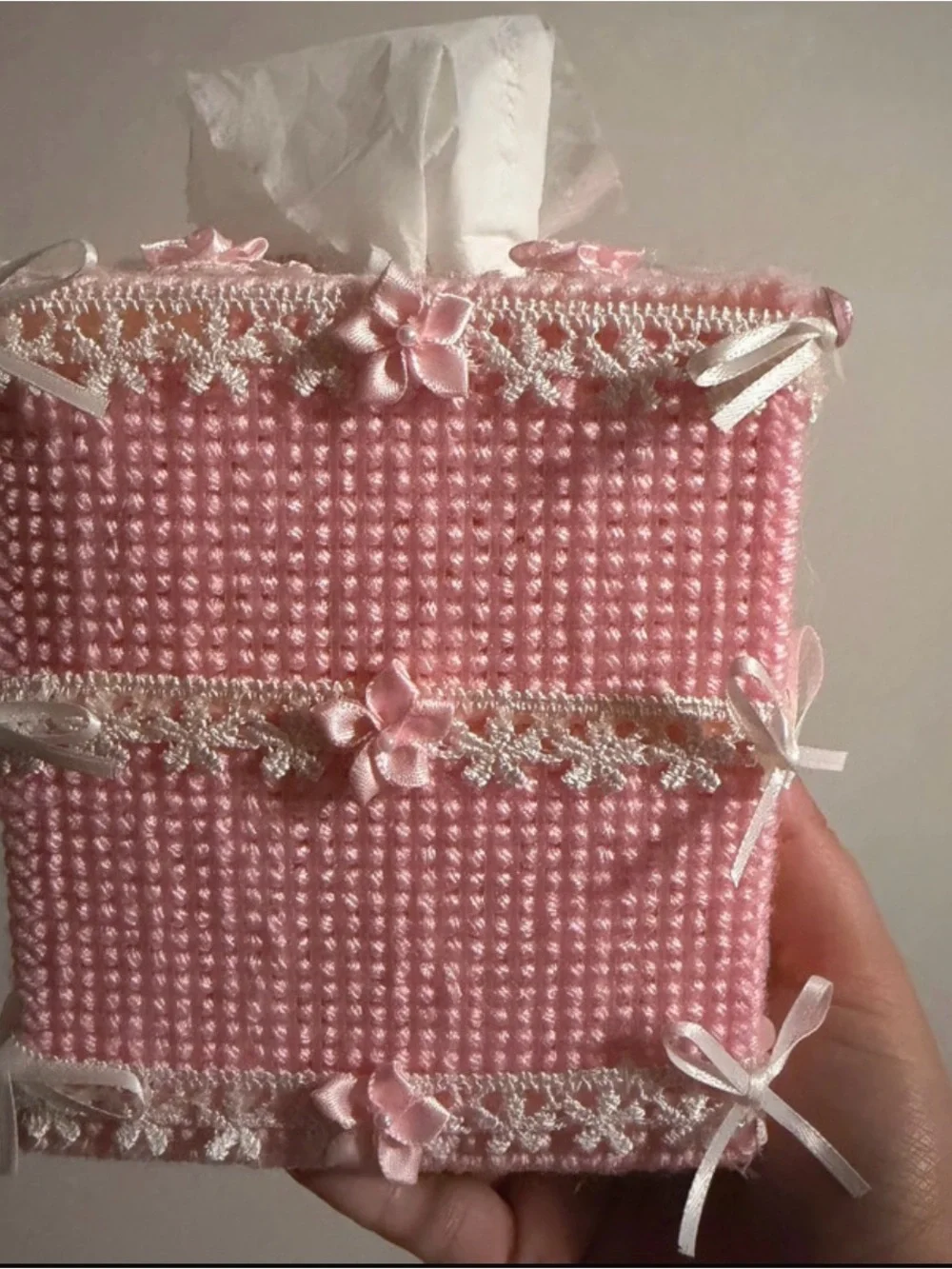Vintage Pink Plastic Canvas Tissue Box Cover Coquette Lace Bows Handmade
